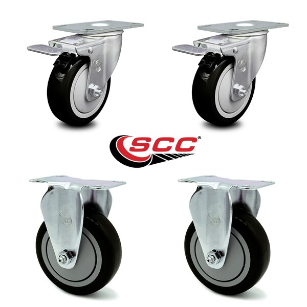 4 Inch Black Polyurethane Swivel Top Plate Caster Lock Brakes 2 Rigid SCC, 2PK